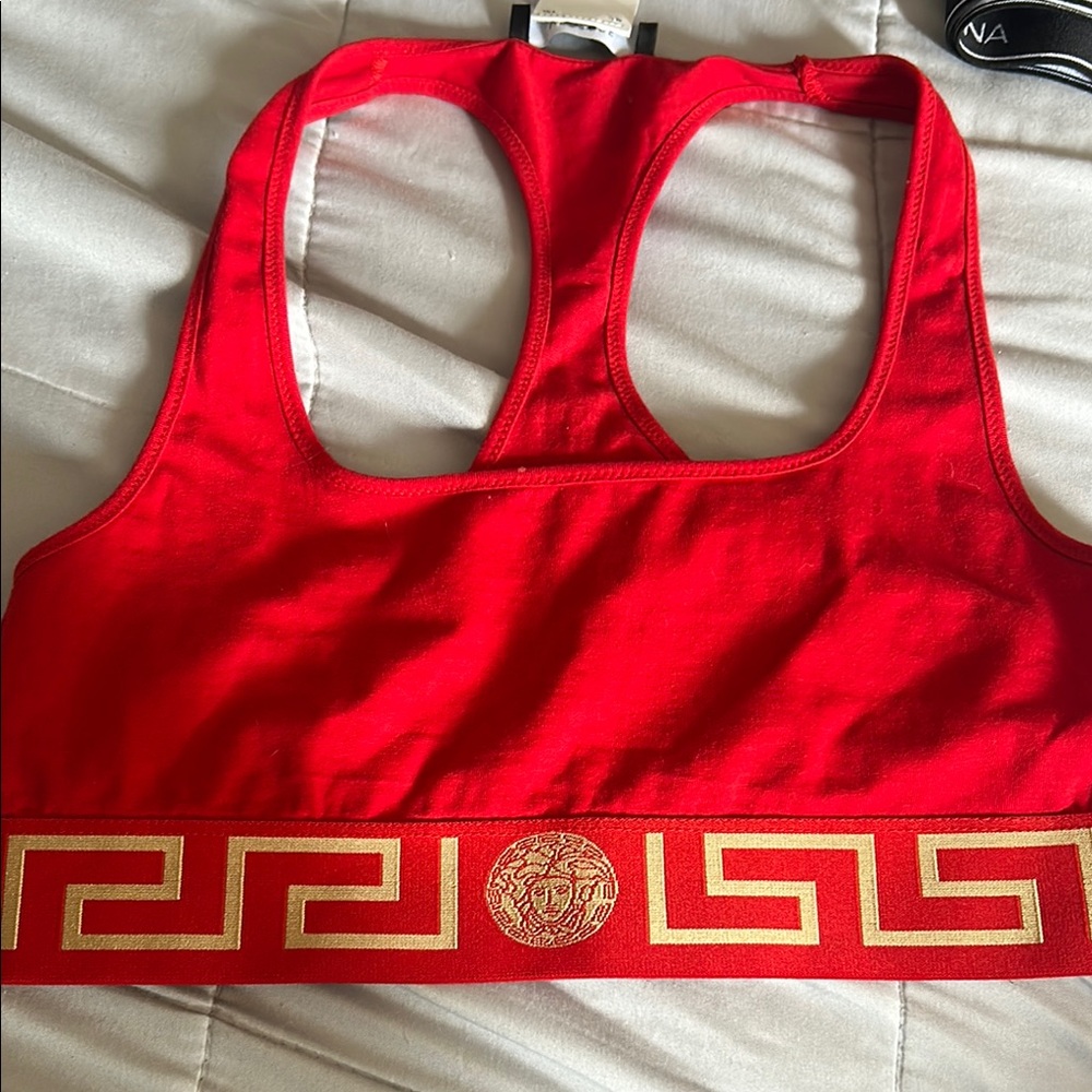 Red Sports Bra with Gold Greek Key Design